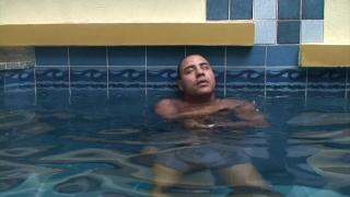 Uncut Beefy Latino Dude Jerking off in the Pool Foot Job - 1