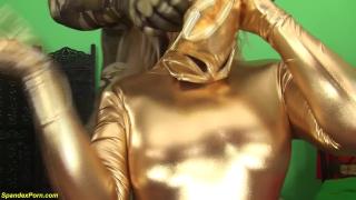 Teen Rough Fucked in a Golden Spandex Catsuit 6