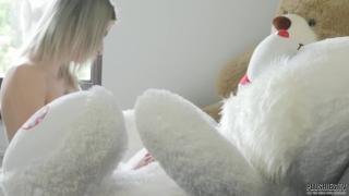 Tiny Petite Teen Girl in Strapon Femdom with Plush Toy, Cum in Mouth 6
