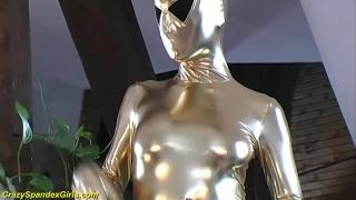 Real Flexible Golden Zentai Spandex Teen Posing for Cam 3