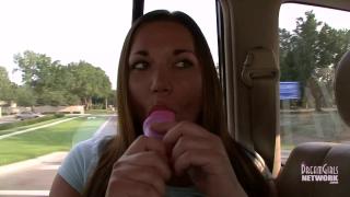 NEW Fresh Faced Brunette Plays with Sex Toy in back Seat 6