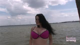 Big Tit Brunette Flashes at Beach in Full View of Traffic 4