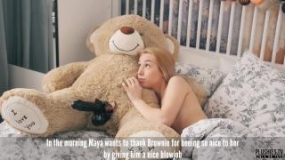 Petite Teen Girl Maya Sucks and Swallows Big Black Cock with Teddy Bear 1