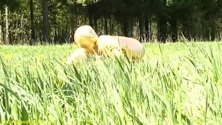 Ebony Babe in Skintight Golden Spandex Catsuit Posing Outdoor 4