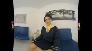 Busty Brunette Jamie Jones Cosplay Flight Attendant Uniform VR Striptease 1