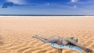 Blonde in a Thong Bikini Gets a CFNM Dick-Flash Cumshot in a Public Beach 2