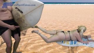 Blonde in a Thong Bikini Gets a CFNM Dick-Flash Cumshot in a Public Beach 6