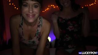 Two Skinny Brunettes Sharing a Huge Cock - MrLuckyPOV 2