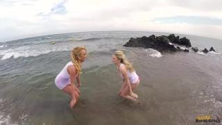 2 Smoking Hot Blondes on the Beach in Wet T-shirts with Great Tits 1