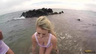 2 Smoking Hot Blondes on the Beach in Wet T-shirts with Great Tits 5