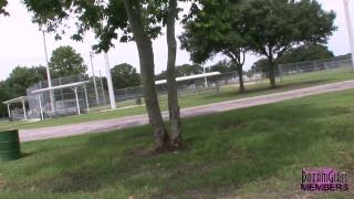 Risky! two Girls get Naked at a Public Athletic Field Park 8