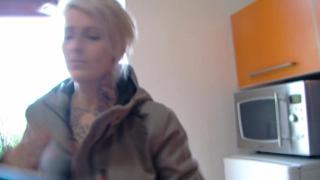 Tattooed Blonde with Short Hair uses Big Dildo to please herself 1