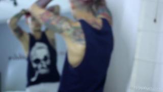 Tattooed Colombian Twink Max Stiven Strokes Cock while looking in Mirror 2