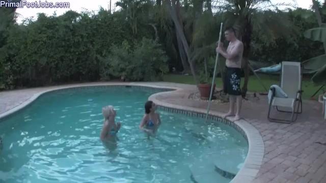 Bitchy Babes use their Feet on Pool Boy's Cock and Face until he Blows Load - 1