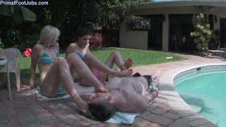 Bitchy Babes use their Feet on Pool Boy's Cock and Face until he Blows Load 12