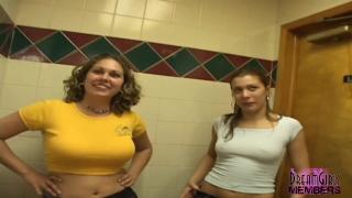 Hot Brunette & Bar Waitress Show Tits in the Men's Room 8