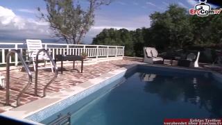 Brunette Tourist Tempts Hotel Staff and Fucks him at the Pool in Front of other Guests 1