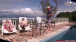 Brunette Tourist Tempts Hotel Staff and Fucks him at the Pool in Front of other Guests 2