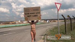 Tesla Protest! Kitty Blair Nude in Public for Greater Good! + Outdoor Fuck! WOLF WAGNER 6