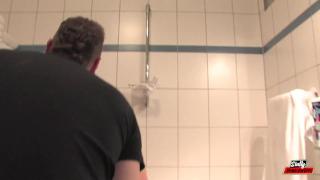 True German Amateur - Desy Booby Masturbates and then Fucks the Young Man in the Bathroom while her 1