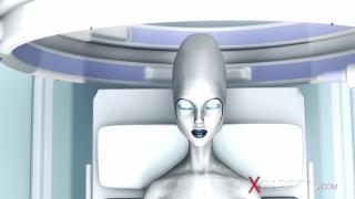 Sexy Sci-fi Female Android Plays with an Alien in the Surgery Room in the Space Station 2