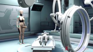 Sexy Sci-fi Female Android Plays with an Alien in the Surgery Room in the Space Station 3