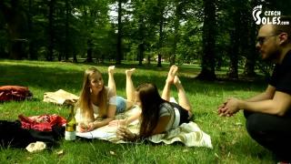 Two Barefoot Girls in Park having their Feet Worshiped by a Stranger (foot Worship, Public Feet) 3