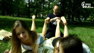 Two Barefoot Girls in Park having their Feet Worshiped by a Stranger (foot Worship, Public Feet) 4