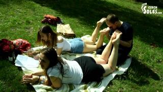 Two Barefoot Girls in Park having their Feet Worshiped by a Stranger (foot Worship, Public Feet) 6