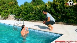 Natural German Brunette Teen Fucks a Strange Guy outside by the Pool on her Vacation 1