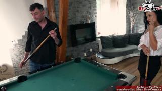 Black Haired MILF with Big Ass and Chubby Body Fucks in Stockings on a Pool Table 1