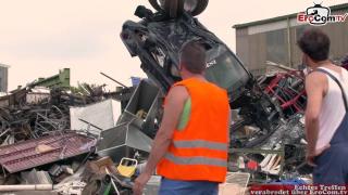 Redhead MILF with Big Silicone Tits and Tattoos Fucks two Garbage Men in Junkyard 1