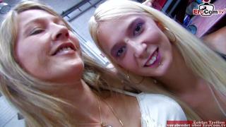 Two Skinny Blonde Women Share a Cock during a Hot Threesome in a Car Workshop 1