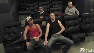 Three Horny Guys have Anal Sex at the Cinema while another Dude Watches and Masturbates 1