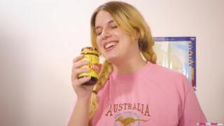 Pigtailed Aussie Blonde Enjoys Vegemite then Fingers and Toys her Hairy Cunt 4