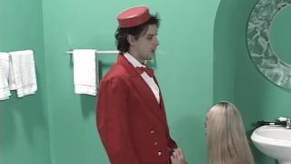 Petite Blonde Girl Engage in Rough Fuck with the Room Service Guy in the Bathroom 1