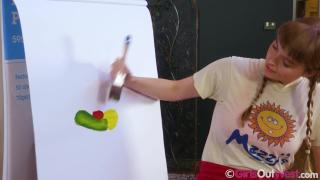 Cute Busty Painter with Pigtails and Hairy Pussy Masturbates using Cucumber 4