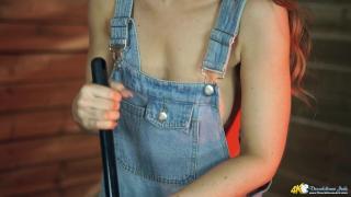 Hot Brunette in Dungarees Encourages you to WANK COCK over her JUICY TITS 11