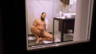 Mature Dude Filmed from outside while taking a Shower and Jerking off his Hard Cock 10
