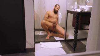 Mature Dude Filmed from outside while taking a Shower and Jerking off his Hard Cock 11