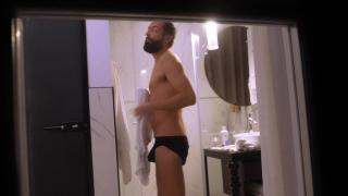 Mature Dude Filmed from outside while taking a Shower and Jerking off his Hard Cock 1