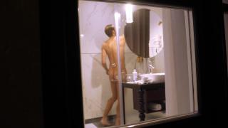 Mature Dude Filmed from outside while taking a Shower and Jerking off his Hard Cock 2