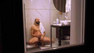 Mature Dude Filmed from outside while taking a Shower and Jerking off his Hard Cock 7