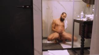 Mature Dude Filmed from outside while taking a Shower and Jerking off his Hard Cock 8