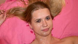 Blonde Gets Massive Facial Load after Harsh Condom BJ